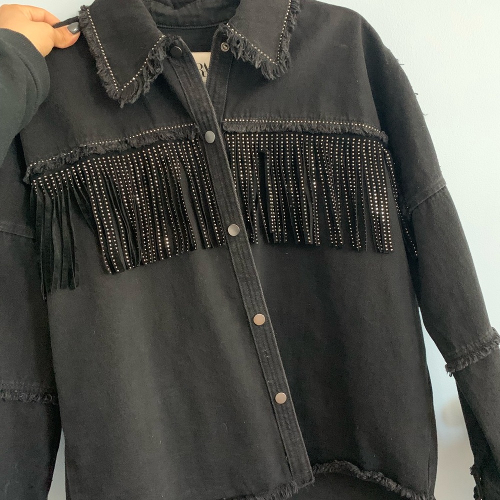 Black denim fringe jacket XS